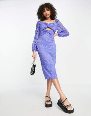 Little Mistress - Vestito midi a fascia in pizzo lavanda con cut-out