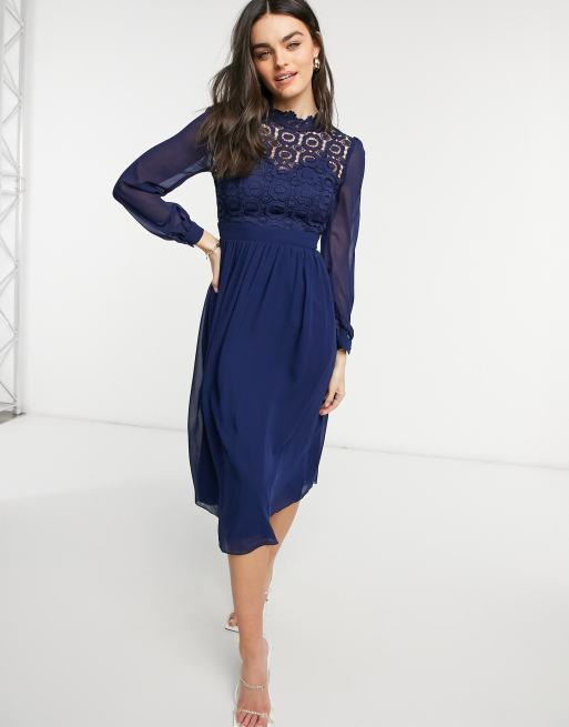 Little Mistress - Vestito midi accollato a pieghe blu navy, 4 di 4