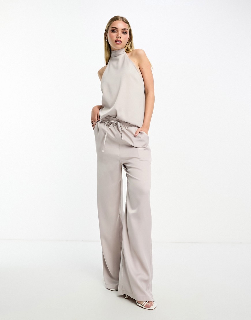 wide leg satin pants in cream - part of a set-White