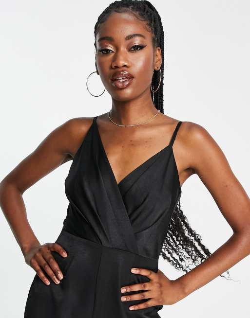 Little Mistress wide leg strappy jumpsuit in black satin