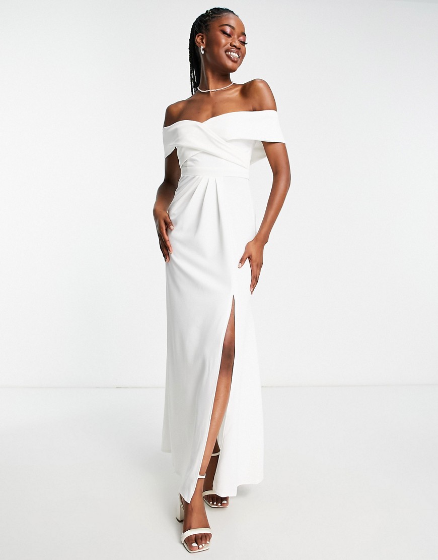 wrap bardot maxi prom dress in white