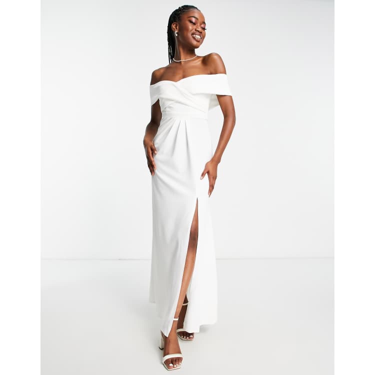 Little Mistress wrap bardot maxi prom dress in white ASOS