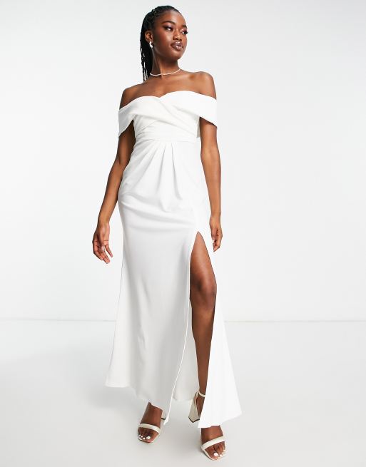 Little Mistress wrap bardot maxi prom dress in white ASOS