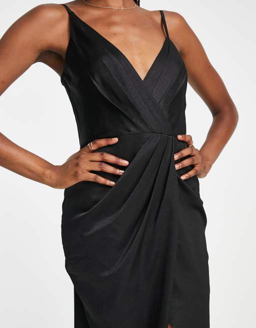 Little Mistress wrap front cami midi dress in black satin