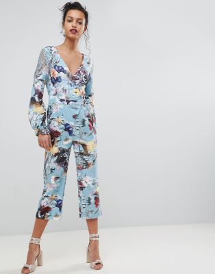 Little Mistress Wrap Front Jumpsuit In Floral Print-Multi