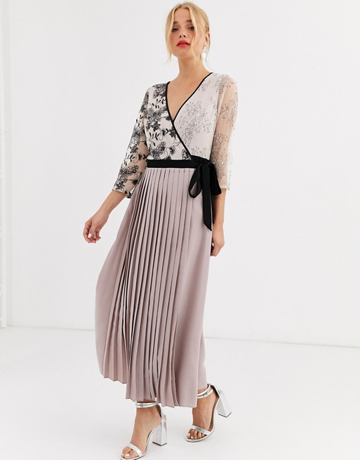 Little Mistress wrap front maxi dress with pleated skirt in mink