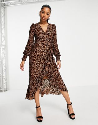 Little Mistress wrap front midi dress in leopard