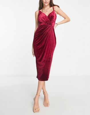 wrap front velvet cami midi dress in ruby-Red