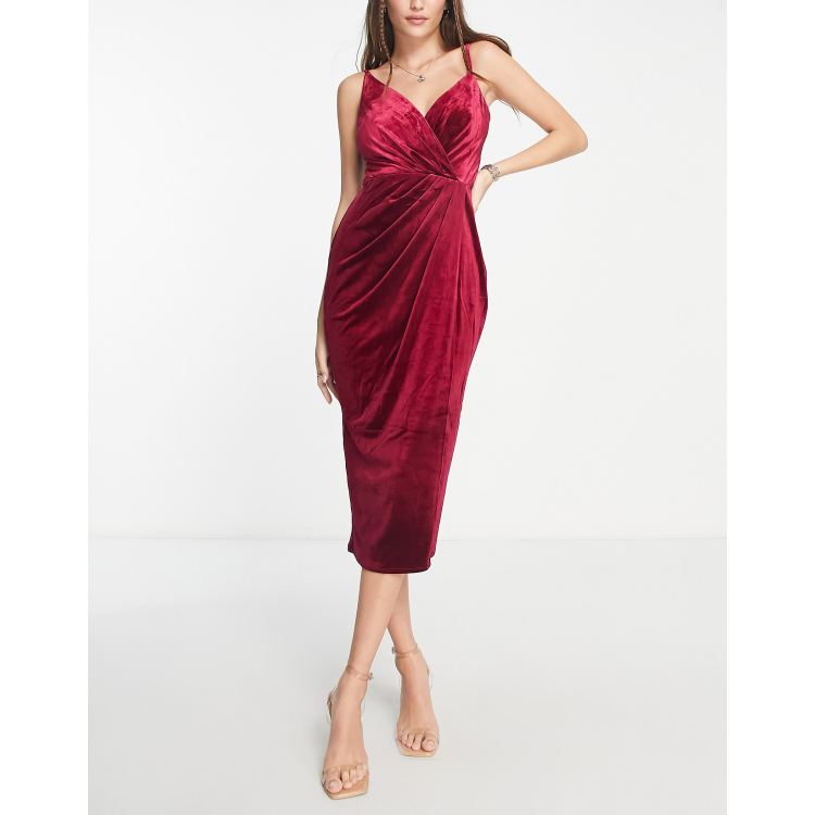 Little Mistress wrap front velvet cami midi dress in ruby ASOS