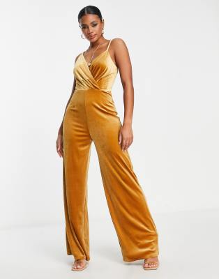 Little Mistress wrap front velvet jumpsuit in cinnamon-Copper