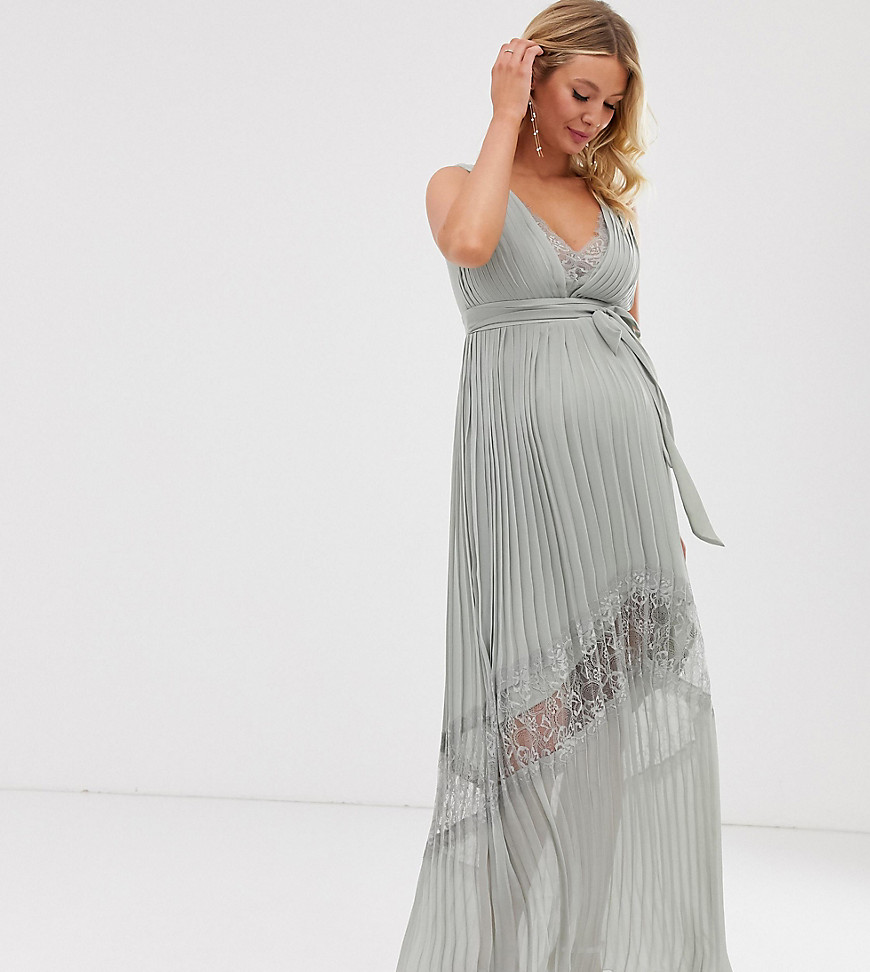Little Mistress - Zwangerschapskleding - Lange geplooide jurk met kanten inzetstuk-Groen