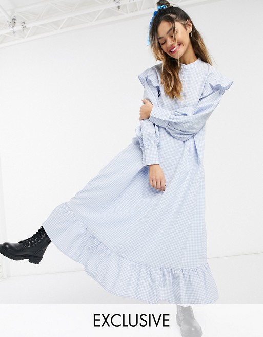 Little Sunny Bite long sleeve midaxi dress with frills in gingham