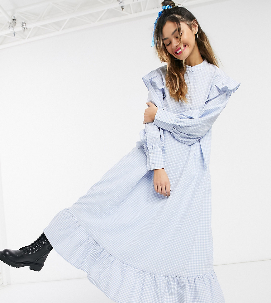 Little Sunny Bite long sleeve midaxi dress with frills in gingham-Black