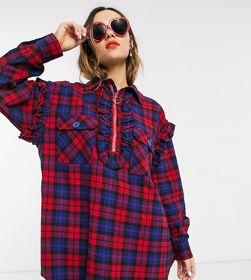 Little Sunny Bite oversized half zip top with frills in check co-ord-Red