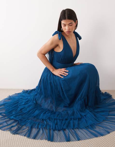 LLace & Beads Madison tulle bow shoulder plunge neck maxi dress in teal - view 1