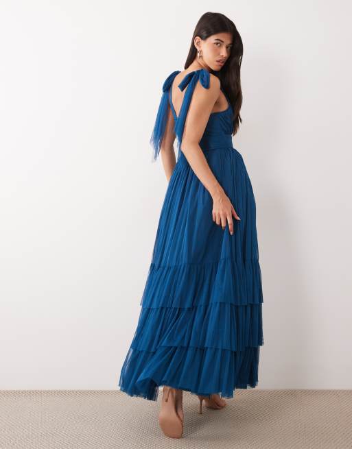 LLace & Beads Madison tulle bow shoulder plunge neck maxi dress in teal, 2 of 4