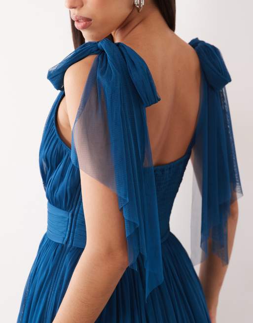 LLace & Beads Madison tulle bow shoulder plunge neck maxi dress in teal, 3 of 4