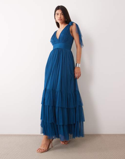 LLace & Beads Madison tulle bow shoulder plunge neck maxi dress in teal, 4 of 4