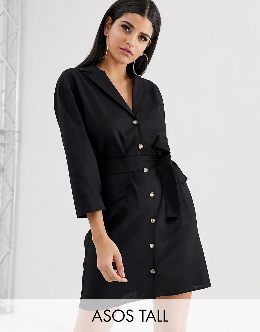 фото Льняное платье-рубашка мини с поясом asos design tall-черный asos tall