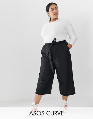 фото Льняные кюлоты с завязкой на поясе asos design curve-черный asos curve