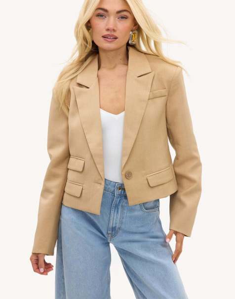 Loavies Air between layers cropped blazer with shoulder pads in sand - view 1