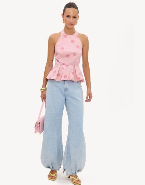 Loavies Born to be iconic halter top with pink polka dots and ruffle detail in pink - view 1