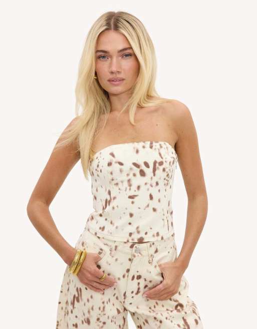 Loavies Boundless promises denim corset top with brown print in offwhite, 2 of 4