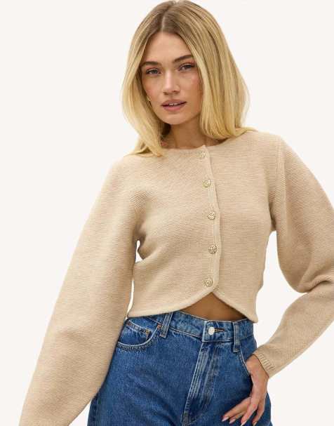 Loavies Constant thoughts cardigan with gold buttons in sand - view 1