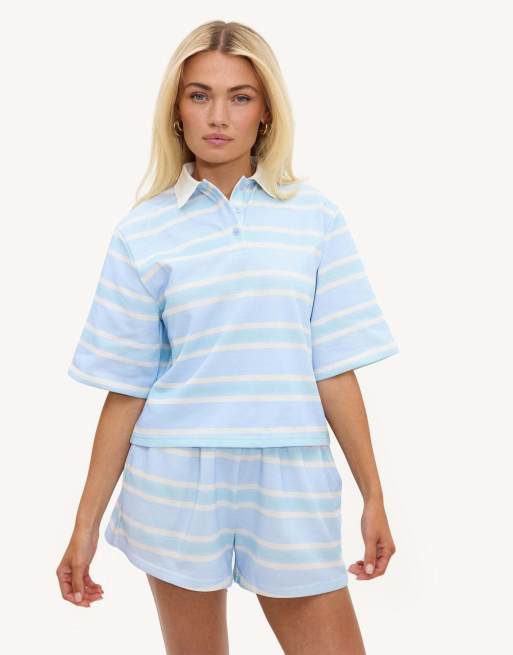 Loavies Easy does it short-sleeved polo shirt with white stripes in light blue, 2 of 4