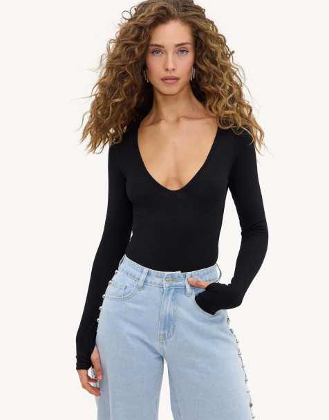 Loavies Feather light v-neck bodysuit in black - view 1