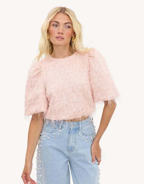 Loavies Flare of magic pink top with sequins and fringe in light pink - view 1