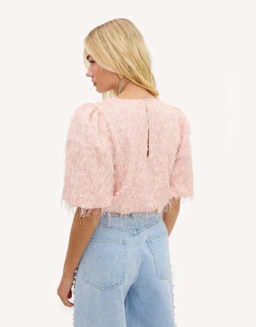 Loavies Flare of magic pink top with sequins and fringe in light pink, 3 of 4