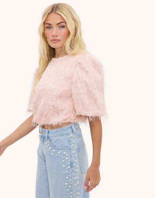 Loavies Flare of magic pink top with sequins and fringe in light pink, 4 of 4