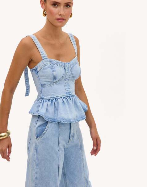 Loavies Forever grateful denim top with ruffles in blue - view 1