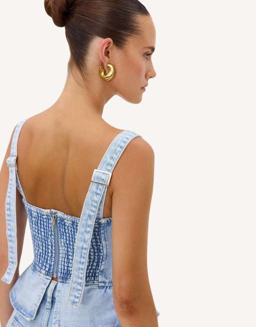 Loavies Forever grateful denim top with ruffles in blue, 3 of 4