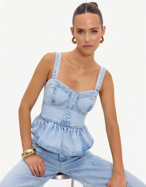 Loavies Forever grateful denim top with ruffles in blue, 4 of 4