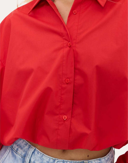 Loavies Let spring begin red cropped balloon blouse in red, 3 of 4