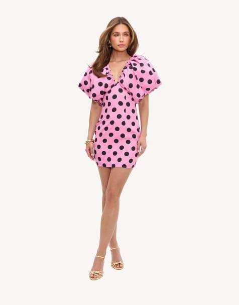 Loavies Never look back dress with puff sleeves and black polka dots in pink - view 1