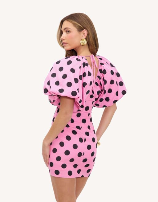 Loavies Never look back dress with puff sleeves and black polka dots in pink, 2 of 4