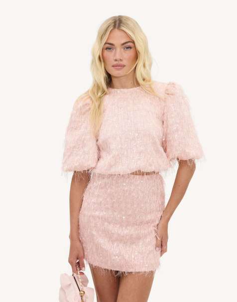 Loavies Night bloom pink skirt with sequins and fringe in light pink - view 1