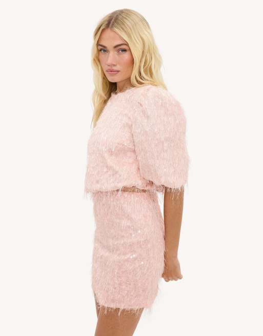 Loavies Night bloom pink skirt with sequins and fringe in light pink, 3 of 4