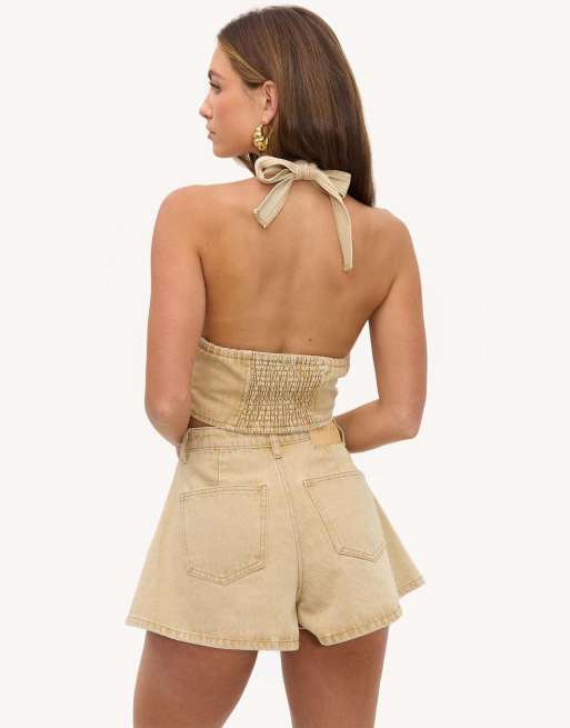 Loavies Rebel rhythm denim halter top in sand, 2 of 4