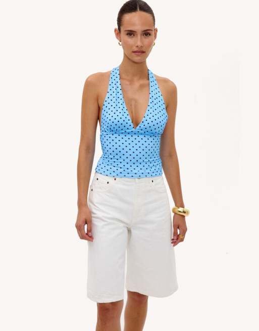Loavies Run into rainbows halter top with brown polka dots in blue, 3 of 4