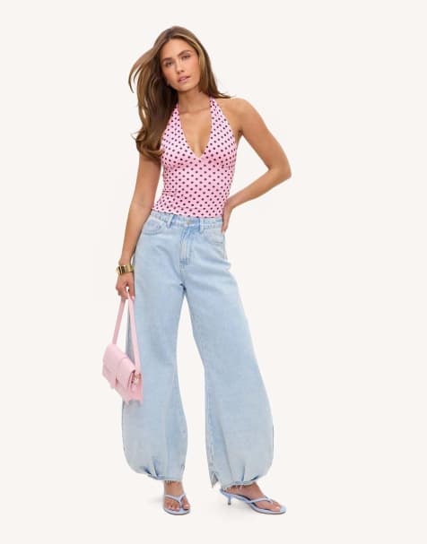 Loavies Run into rainbows halter top with burgundy polka dots in pink - view 1