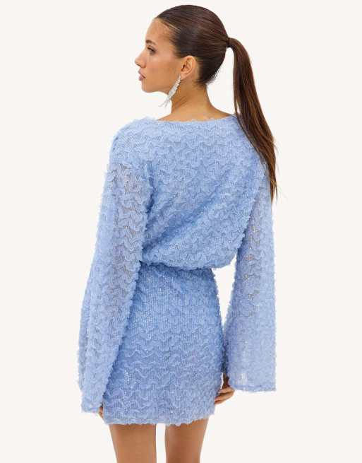 Loavies Sunny aesthetics light blue dress with sequins and ruffles in blue, 3 of 4