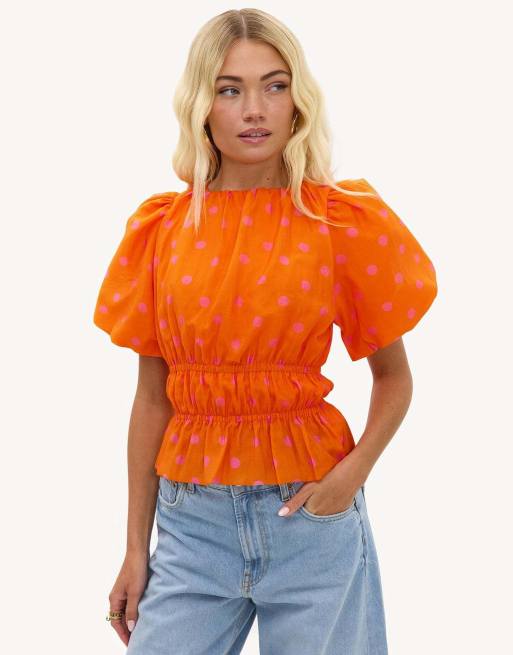 Loavies Vivid love orange polka dot top in orange, 3 of 4