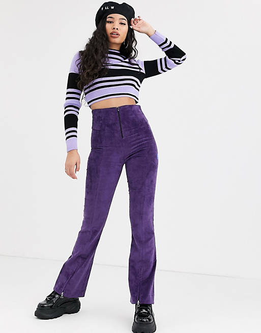 Local Heroes high waist corduroy flares with zip detail in purple
