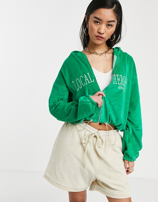 Local Heroes oversized zip hoodie in green velour co-ord