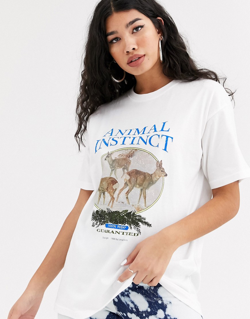 Local Heroes - Ruimvallend T-shirt met vintage dierenprint-Wit
