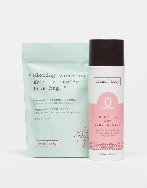 Loción corporal suavizante con alfa hidroxiácidos de 140 ml y exfoliante corporal de café y coco de regalo de 100 g de Frank Body